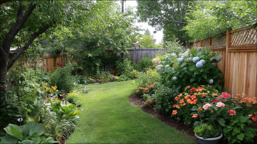 Well-maintained backyard garden with hydrangeas, flowering shrubs, and a green lawn along a privacy fence