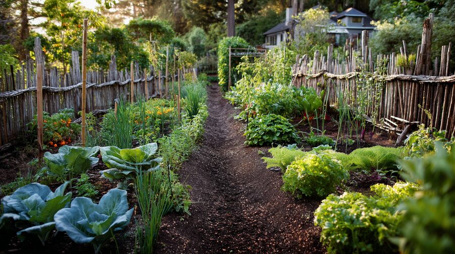 Vegetable garden rows with cabbage, lettuce, and herbs along a wooden fence