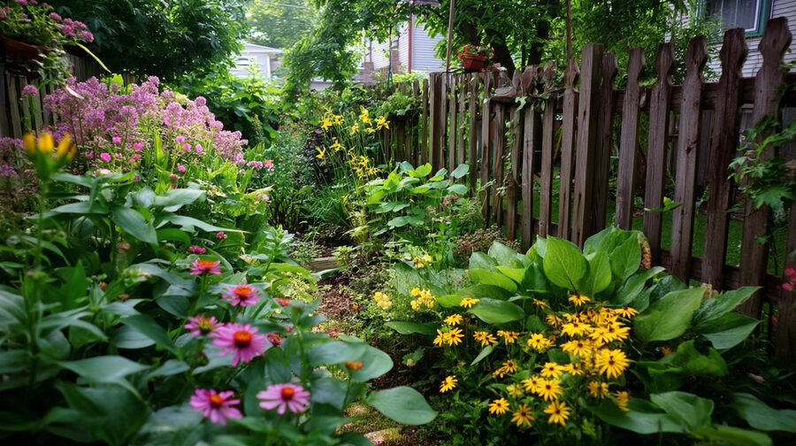 Backyard flower garden with coneflowers and black-eyed susans along a wooden fence