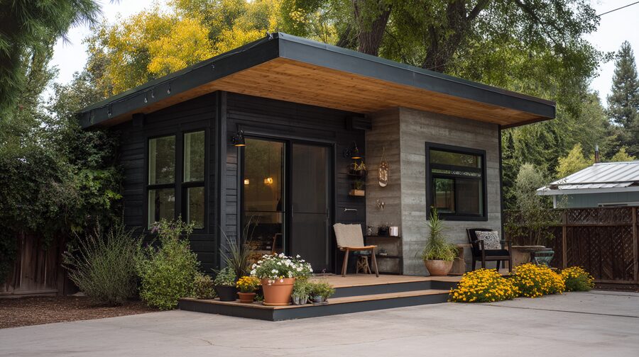 Modern dark-sided tiny house ADU with covered porch and landscaping