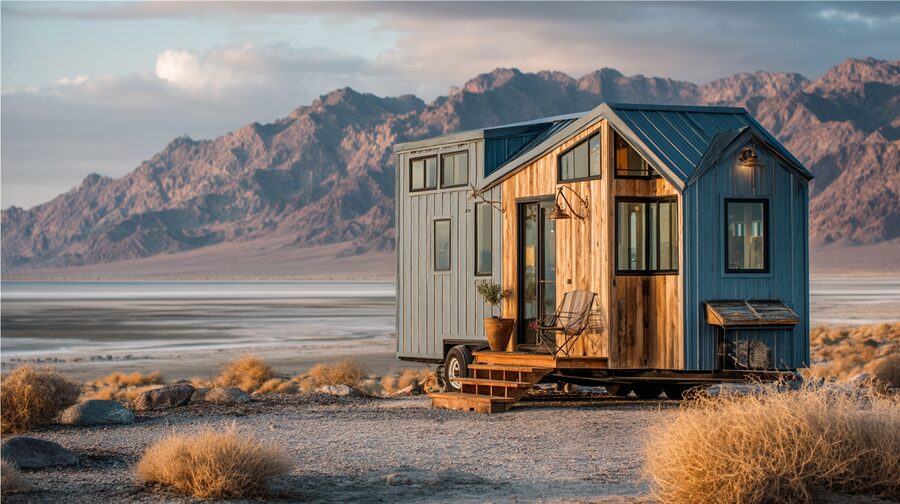 Tiny house on wheels with wood and gray siding parked in a desert landscape