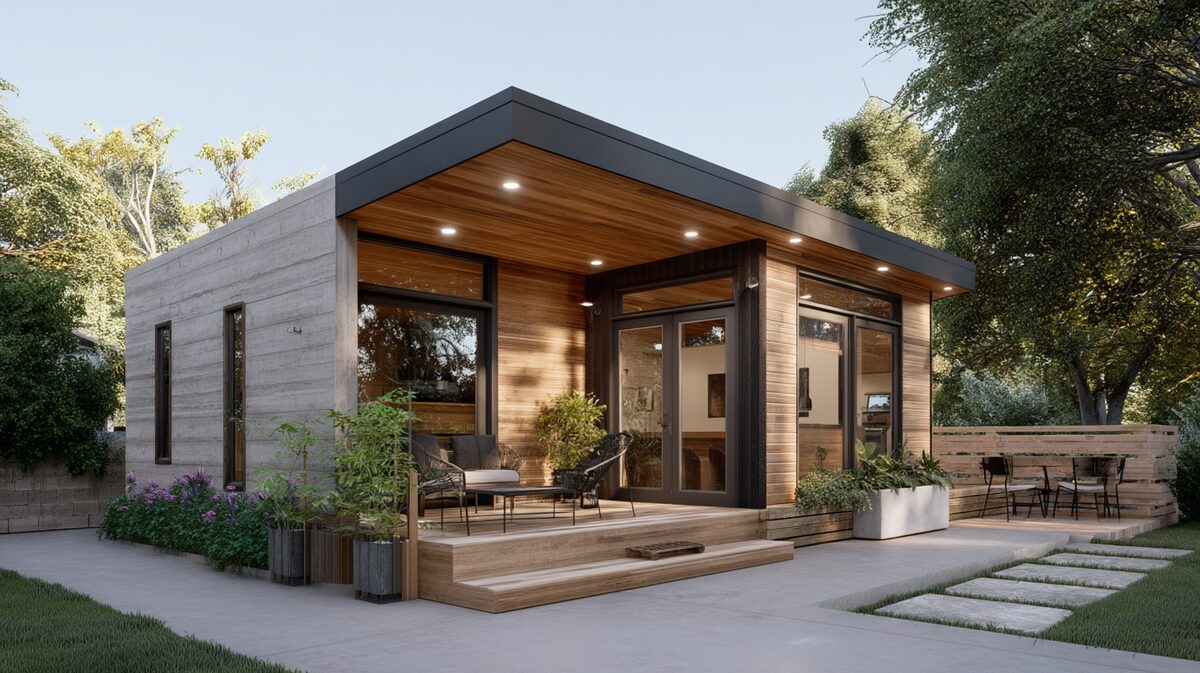 Modern tiny house with covered patio and large windows
