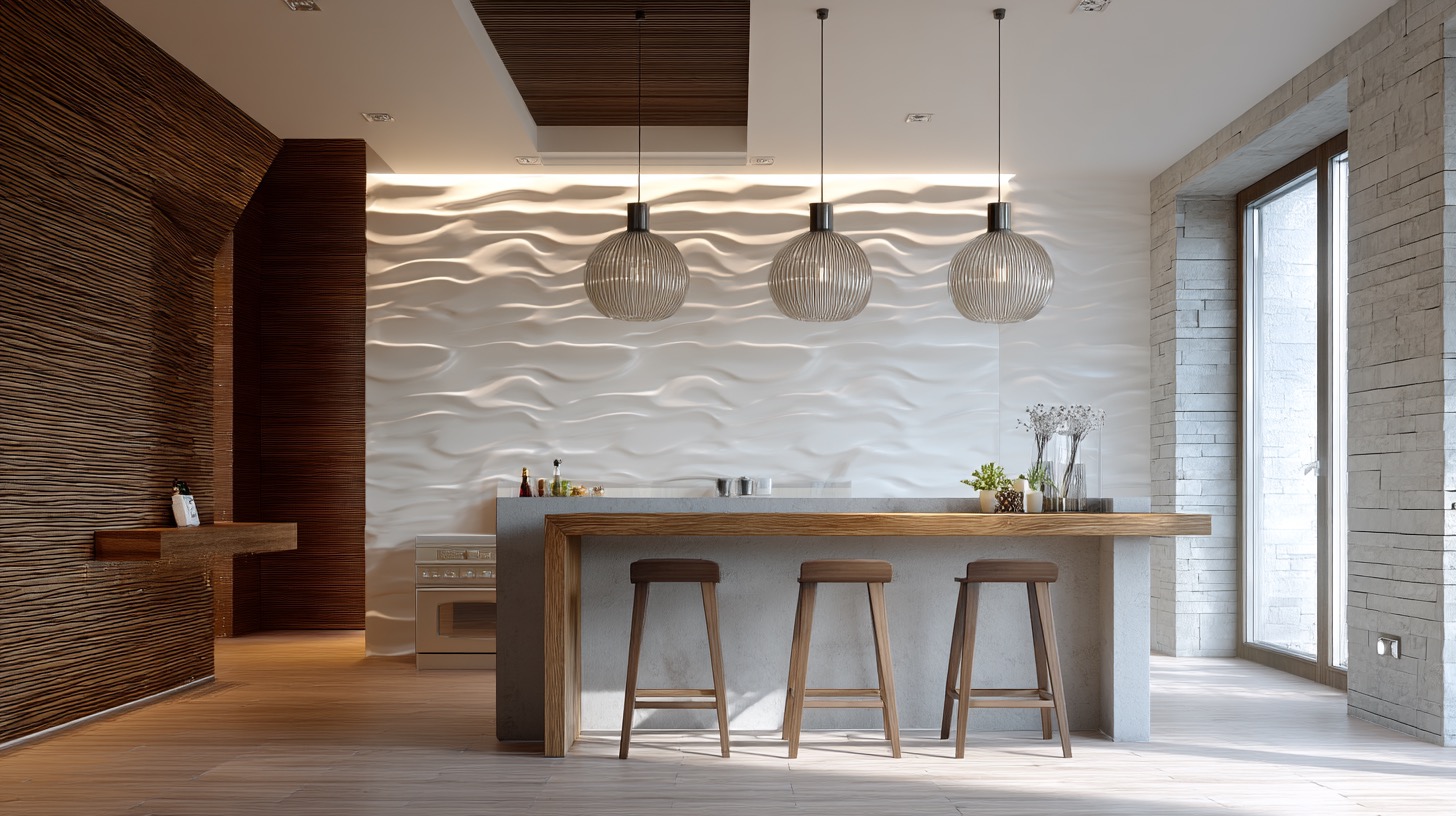 Modern kitchen and dining area with textured wave wall design