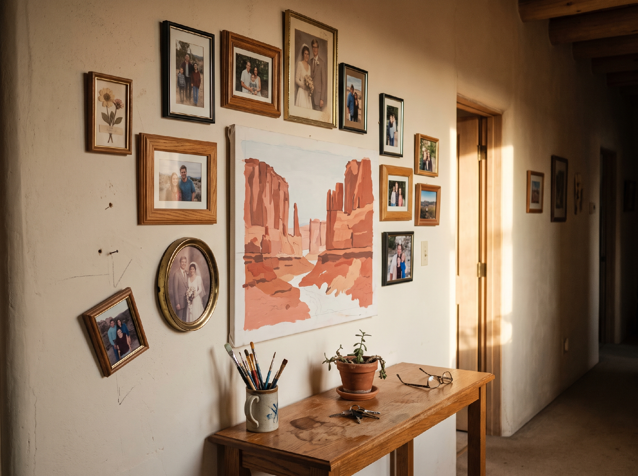 A hallway gallery wall of mismatched framed family photos surrounding a hand-painted desert canyon canvas above a wooden console table