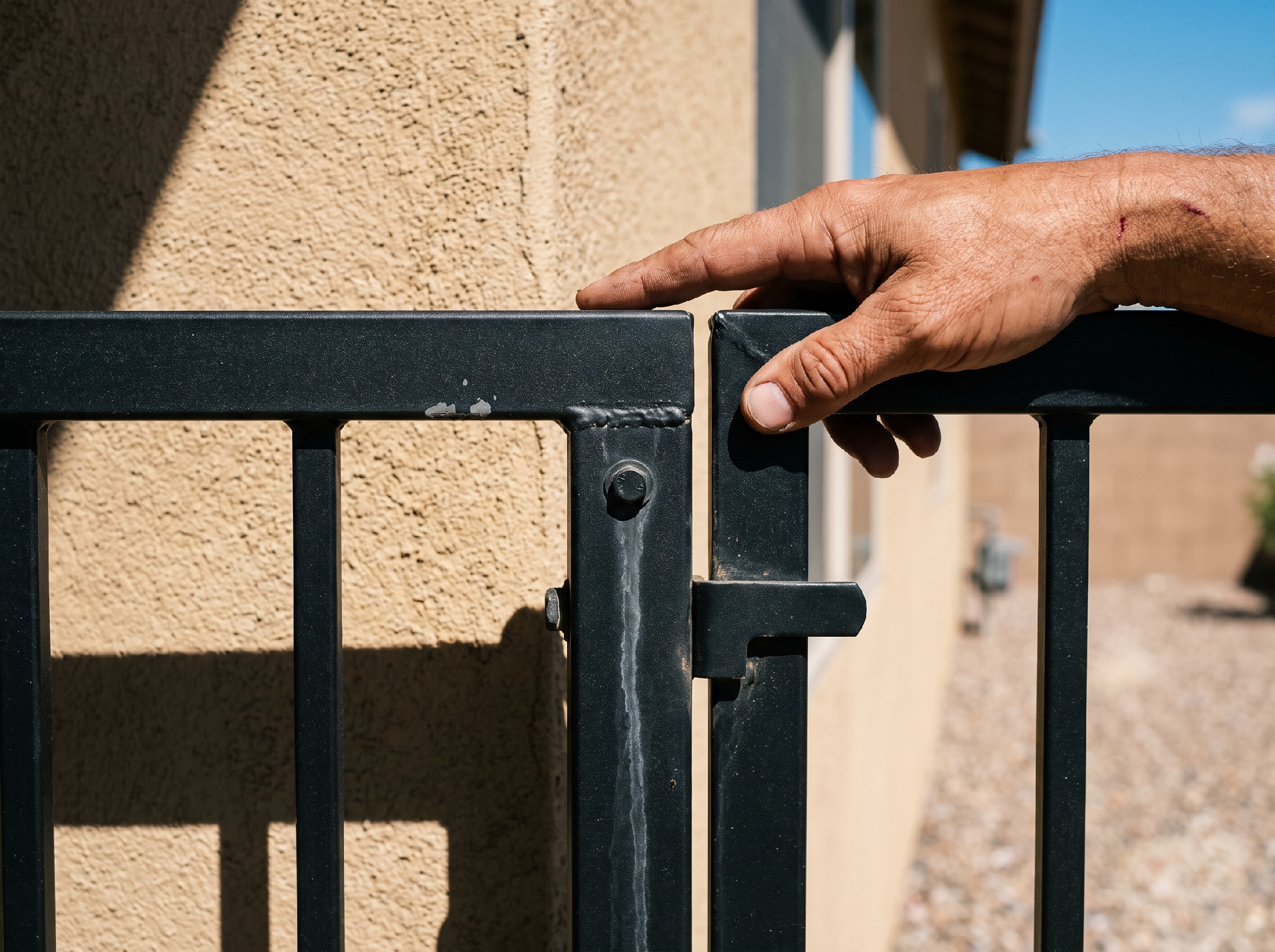 Close-up of a black powder-coated steel gate and latch mounted to a stucco wall, with a weathered hand resting on the top rail in harsh desert sunlight