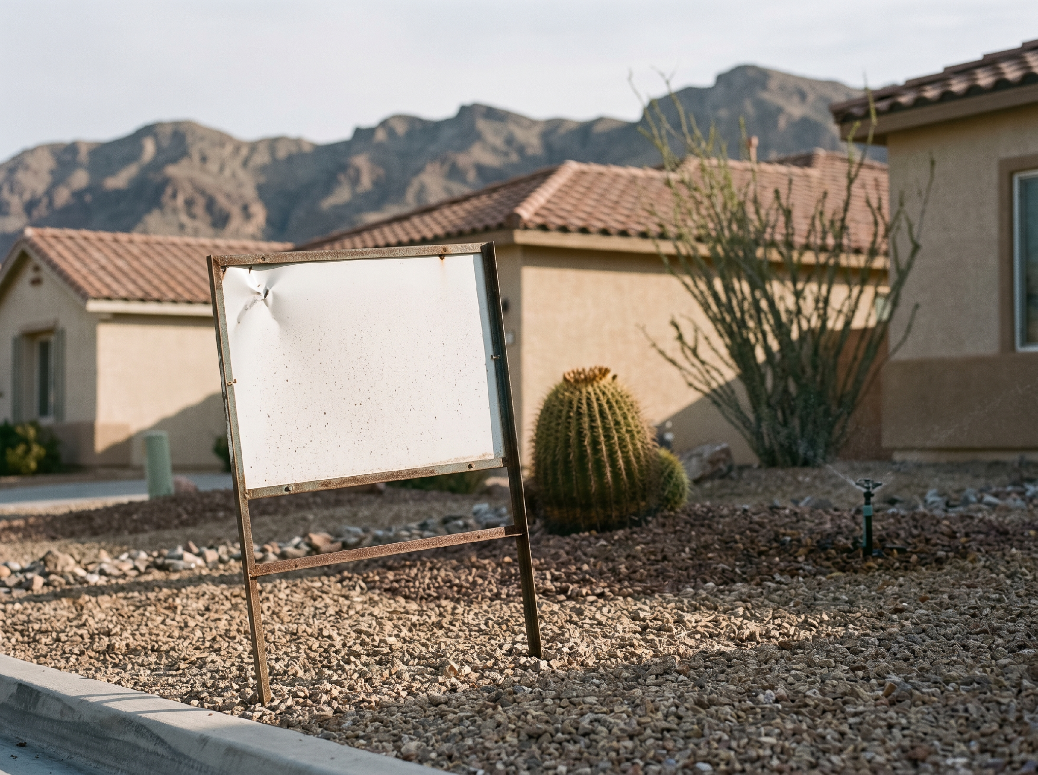 A blank real estate yard sign standing in a gravel front yard of a Southern Nevada home, with tile-roofed houses and desert mountain ridges behind it