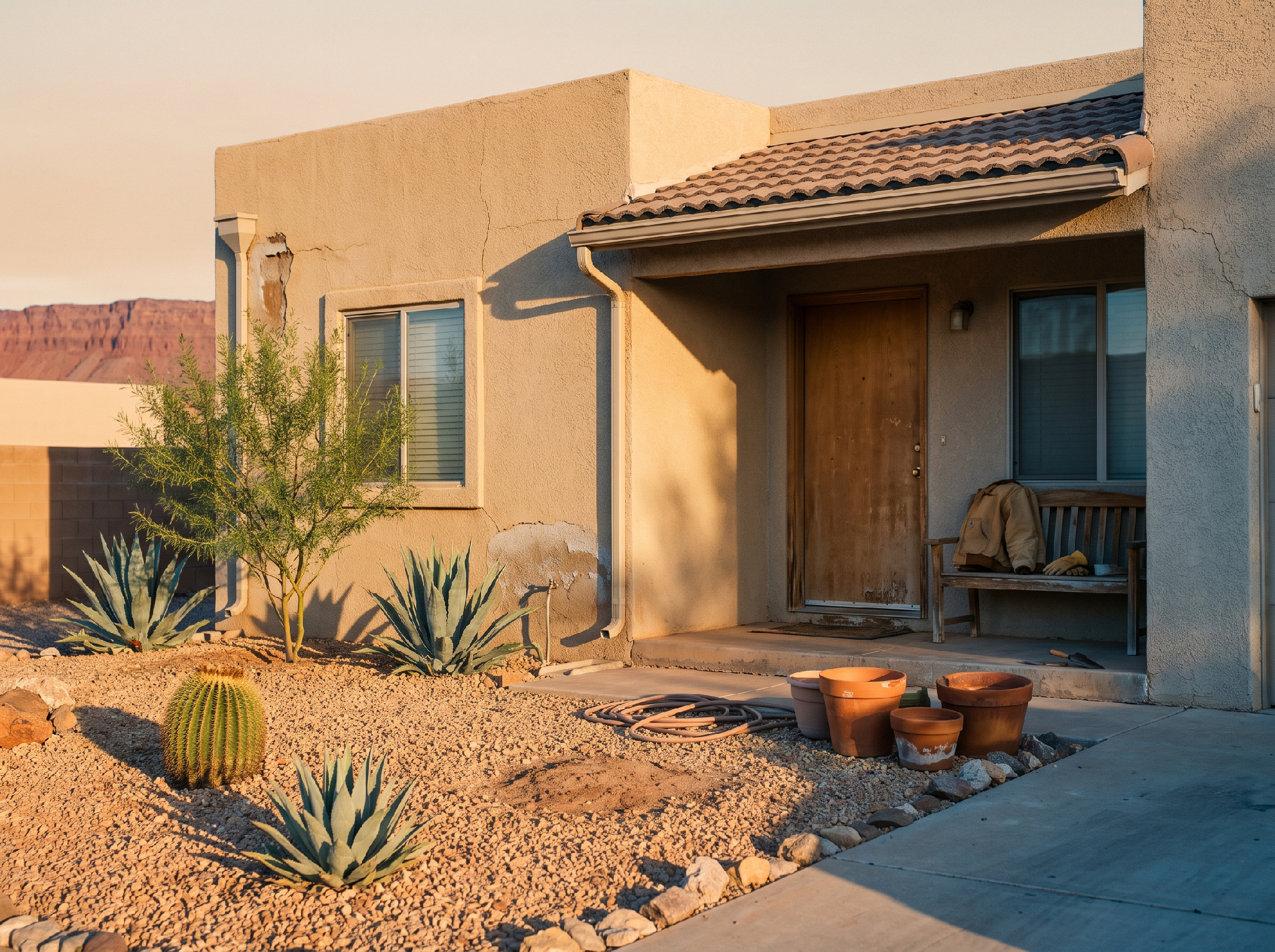 The entryway of a stucco desert home at golden hour with gravel beds, agave and barrel cactus, terracotta pots and a porch bench