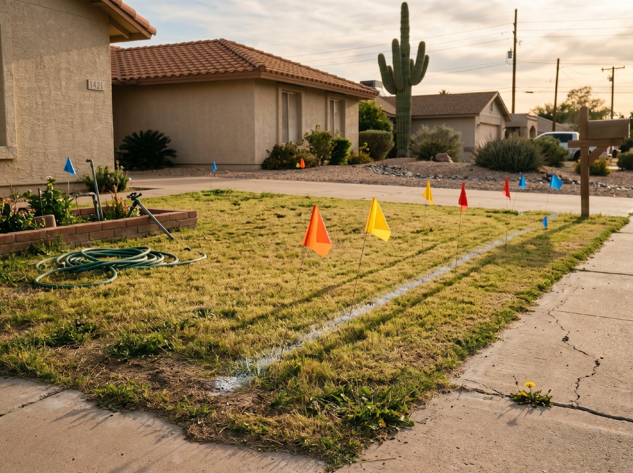 Utility marking flags use standardized colors: yellow for natural gas, red for electric, orange for communications, and blue for water lines